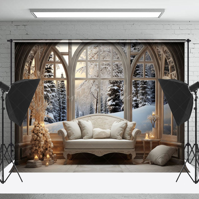 Lofaris Wood Arch Window Winter World Cozy Sofa Backdrop