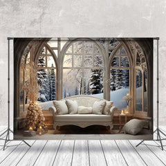 Lofaris Wood Arch Window Winter World Cozy Sofa Backdrop