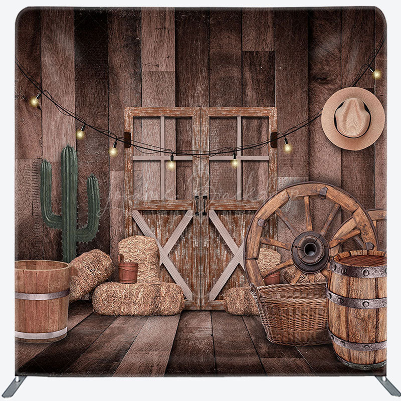 Lofaris Wood Barn Cowboy Christmas Tension Fabric Backdrop