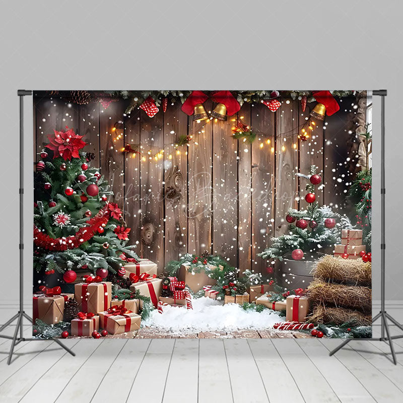 Lofaris Wood Board Snowflake Poinsettia Christmas Backdrop