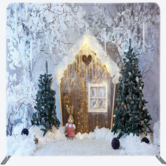 Lofaris Wood Cabin Snowy Tree Winter Tension Fabric Backdrop