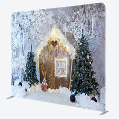 Lofaris Wood Cabin Snowy Tree Winter Tension Fabric Backdrop