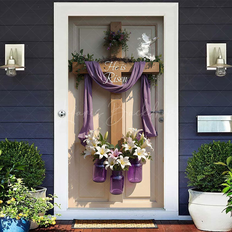 Lofaris Wood Cross Floral He Is Risen Easter Door Cover