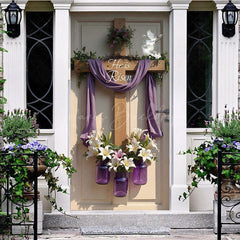 Lofaris Wood Cross Floral He Is Risen Easter Door Cover