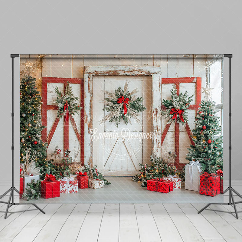 Lofaris Wood Door Red Poinsettia Decor Winter Christmas Backdrop