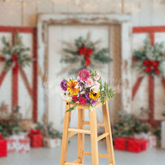 Lofaris Wood Door Red Poinsettia Decor Winter Christmas Backdrop