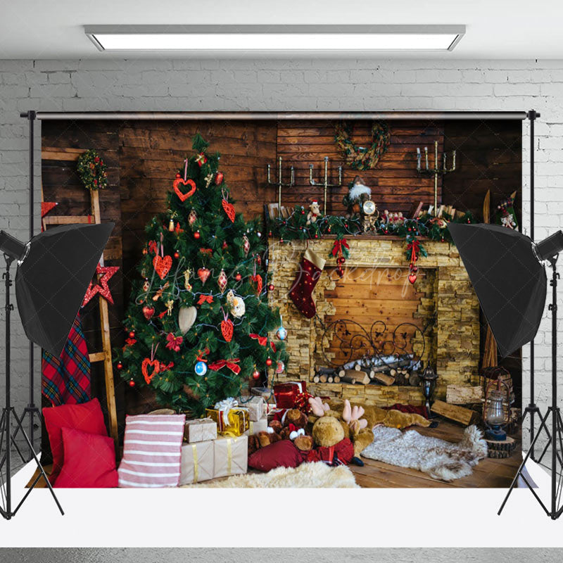 Lofaris Wood Fireplace Dolls Christmas Photo Backdrop