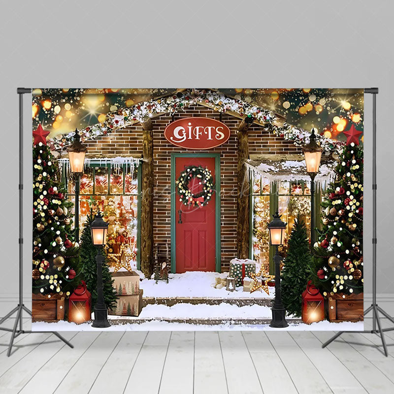 Lofaris Wood Gift Store Bokeh Light Snow Christmas Backdrop