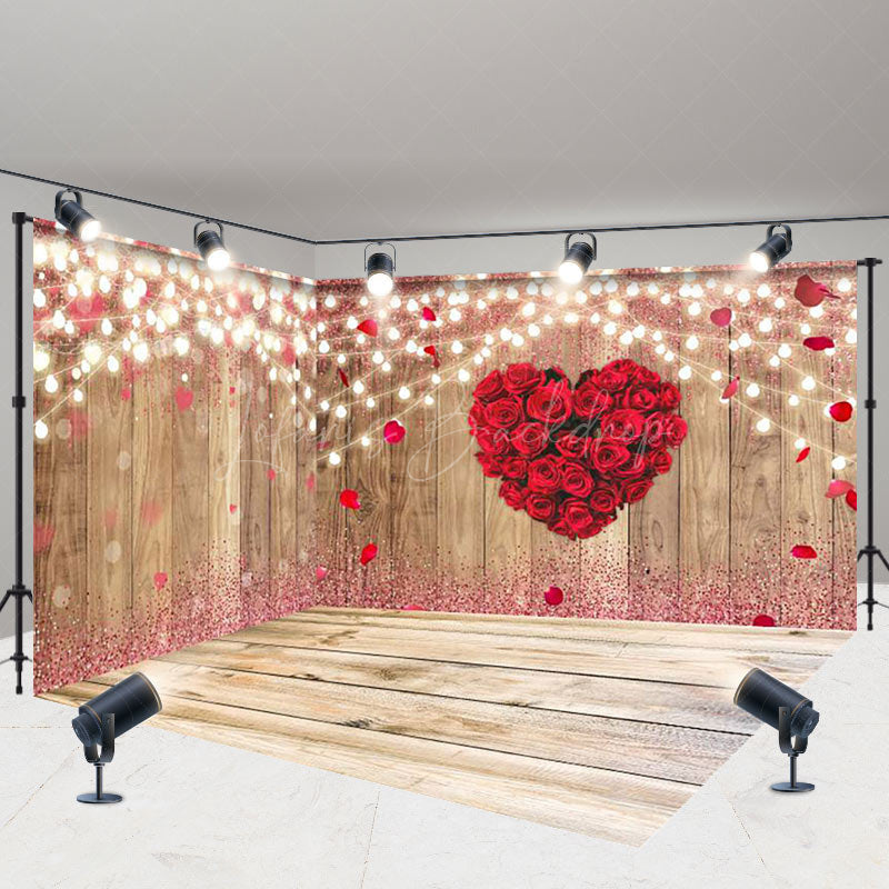 Lofaris Wood Grain Lighted Red Rose Love Room Set Backdrop