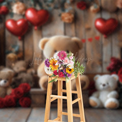 Lofaris Wood Room Rose Balloons Bear Valentines Day Backdrop