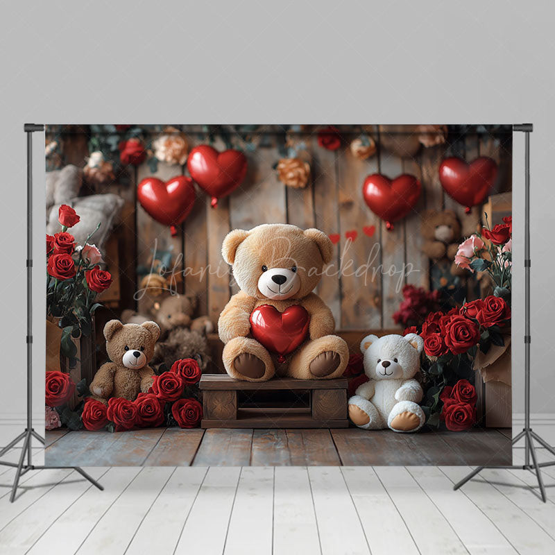 Lofaris Wood Room Rose Balloons Bear Valentines Day Backdrop