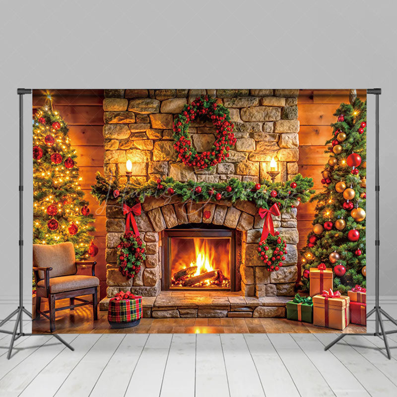 Lofaris Wood Wall Bricks Fireplace Wreath Christmas Backdrop