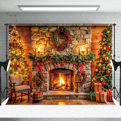 Lofaris Wood Wall Bricks Fireplace Wreath Christmas Backdrop