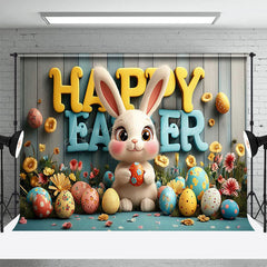 Lofaris Wood Wall Bunny Color Eggs Floral Easter Backdrop