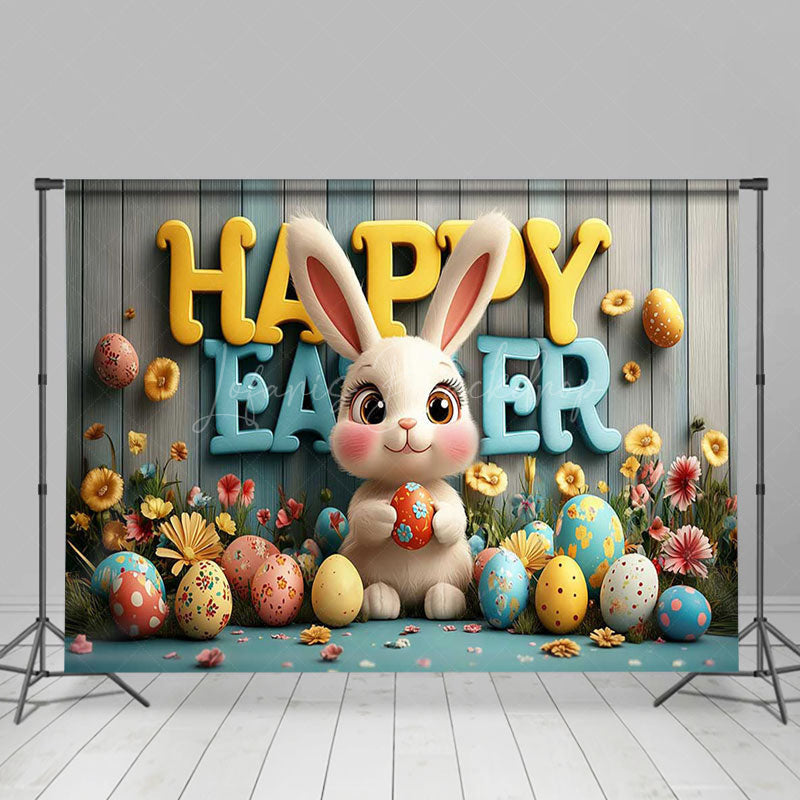 Lofaris Wood Wall Bunny Color Eggs Floral Easter Backdrop