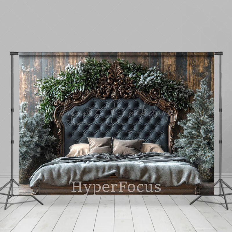 Lofaris Wood Wall Navy Bed Pine Leaves Christmas Backdrop