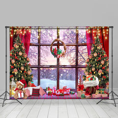 Lofaris Wood Window Sunset Forest Teddy Bear Xmas Backdrop