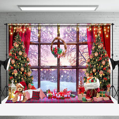 Lofaris Wood Window Sunset Forest Teddy Bear Xmas Backdrop