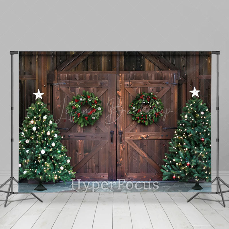 Lofaris Wooden Barn Door Pine Wreath Tree Christmas Backdrop