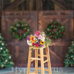 Lofaris Wooden Barn Door Pine Wreath Tree Christmas Backdrop