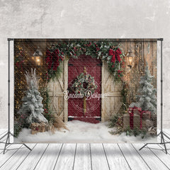 Lofaris Wooden Beige Red Door Xmas Tree Christmas Backdrop