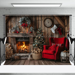 Lofaris Wooden Brown Fireplace Warm Christmas Scene Backdrop