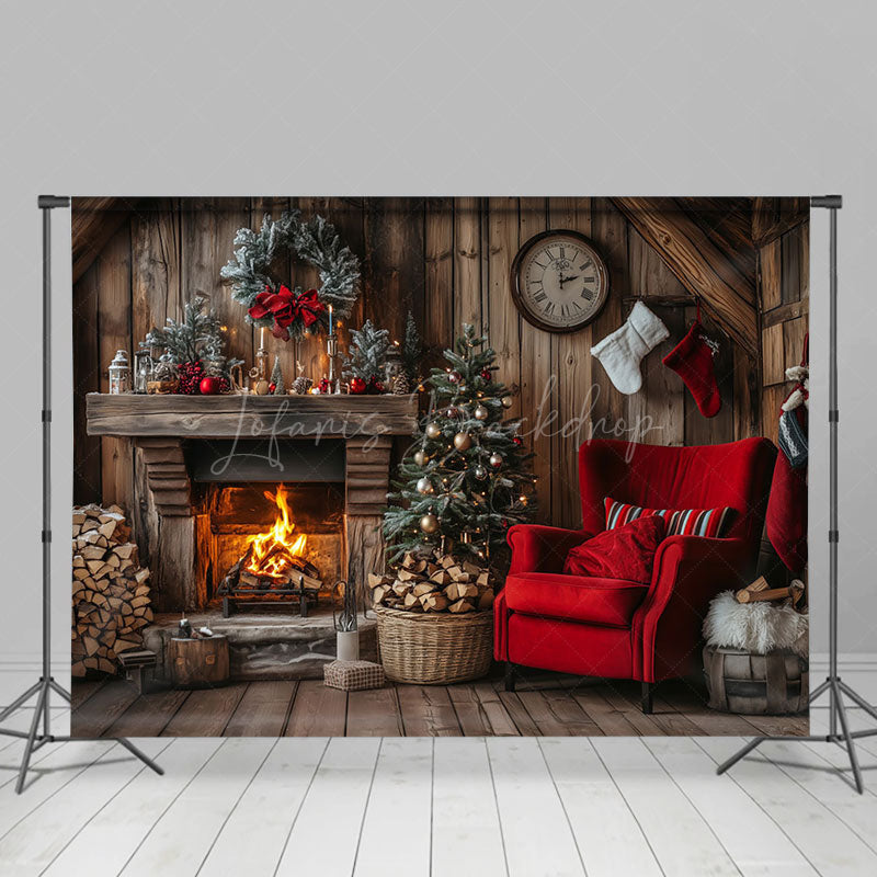 Lofaris Wooden Brown Fireplace Warm Christmas Scene Backdrop