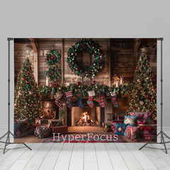 Lofaris Wooden Cabin Trees Fireplace Festive Photo Backdrop