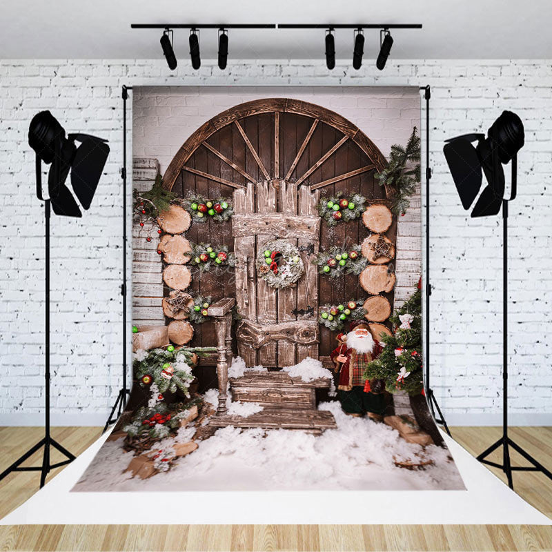 Lofaris Wooden Door Christmas Snow Scene Photo Backdrop