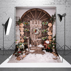 Lofaris Wooden Door Christmas Snow Scene Photo Backdrop