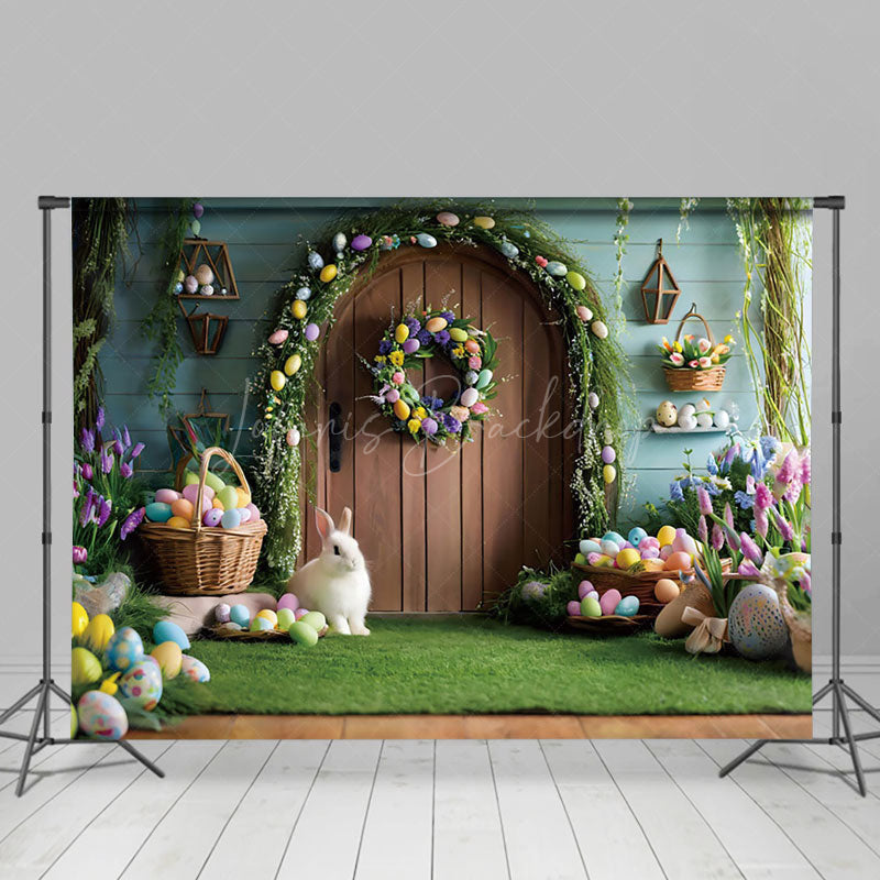 Lofaris Wooden Door Colorful Eggs Bunny Easter Photo Backdrop