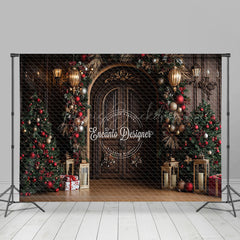 Lofaris Wooden Door Golden Lantern Baubles Christmas Backdrop