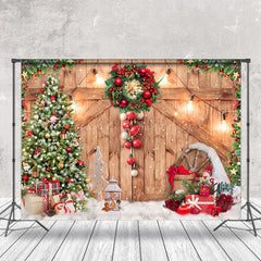 Lofaris Wooden Door Pine Trees Gift Christmas Photo Backdrop