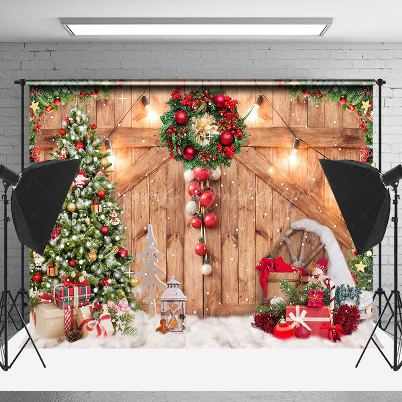 Lofaris Wooden Door Pine Trees Gift Christmas Photo Backdrop