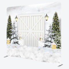 Lofaris Wooden Door White Christmas Tension Fabric Backdrop