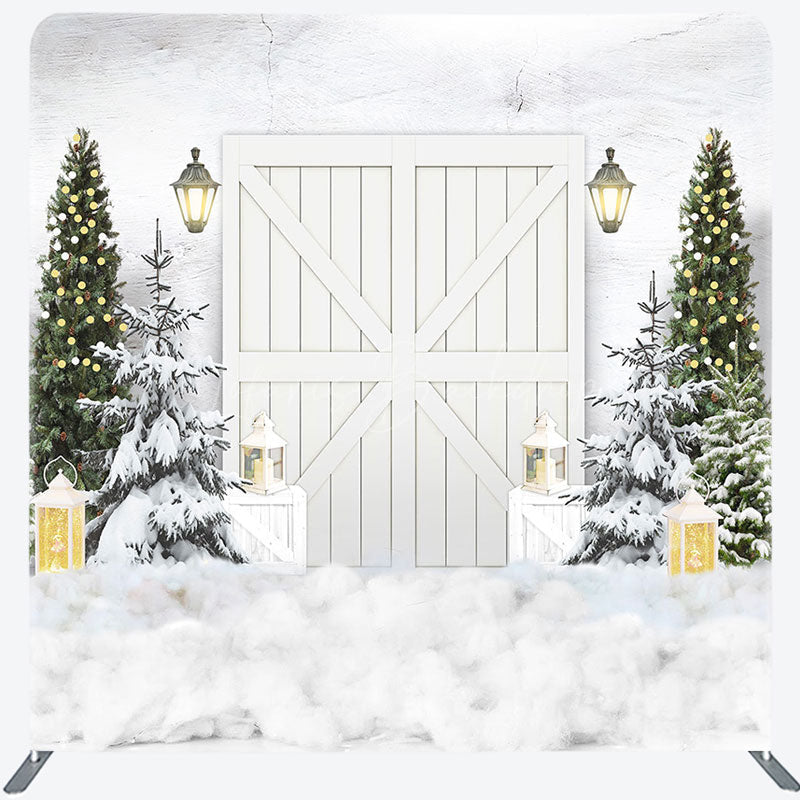 Lofaris Wooden Door White Christmas Tension Fabric Backdrop