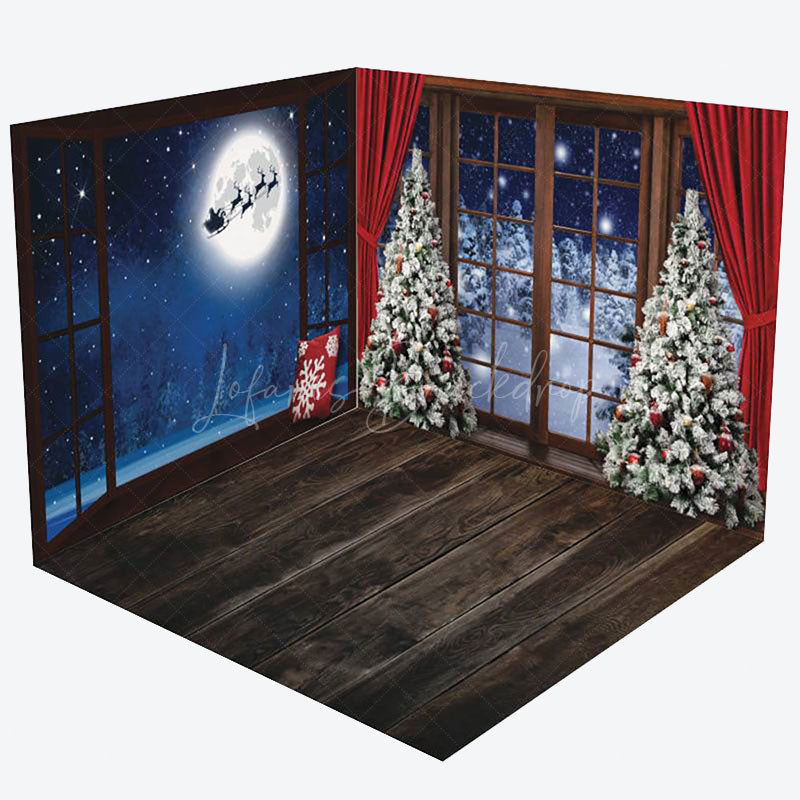 Lofaris Wooden Floor Christmas Window Scene Room Set Backdrop