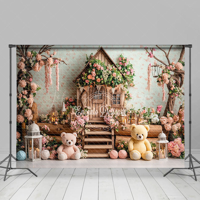 Lofaris Wooden Floral House Tree Bears Cake Smash Backdrop