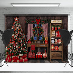 Lofaris Wooden House Bakery Christmas Tree Photo Backdrop