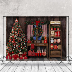 Lofaris Wooden House Bakery Christmas Tree Photo Backdrop