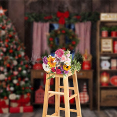 Lofaris Wooden House Bakery Christmas Tree Photo Backdrop