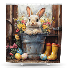 Lofaris Wooden Room Floral Bunny Eggs Easter Shower Curtain