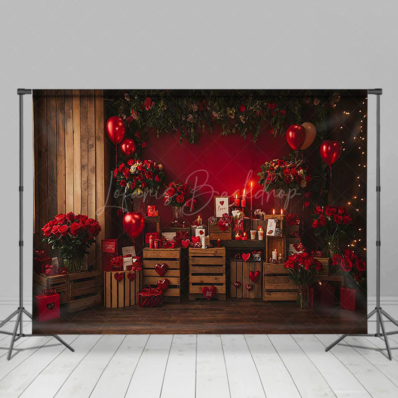 Lofaris Wooden Room Red Wall Rose Valentines Day Backdrop