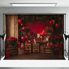 Lofaris Wooden Room Red Wall Rose Valentines Day Backdrop