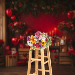 Lofaris Wooden Room Red Wall Rose Valentines Day Backdrop