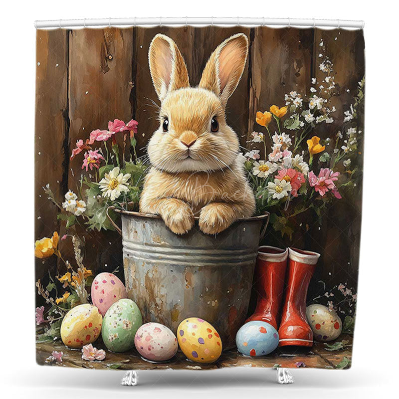 Lofaris Wooden Wall Bunny Floral Eggs Easter Shower Curtain