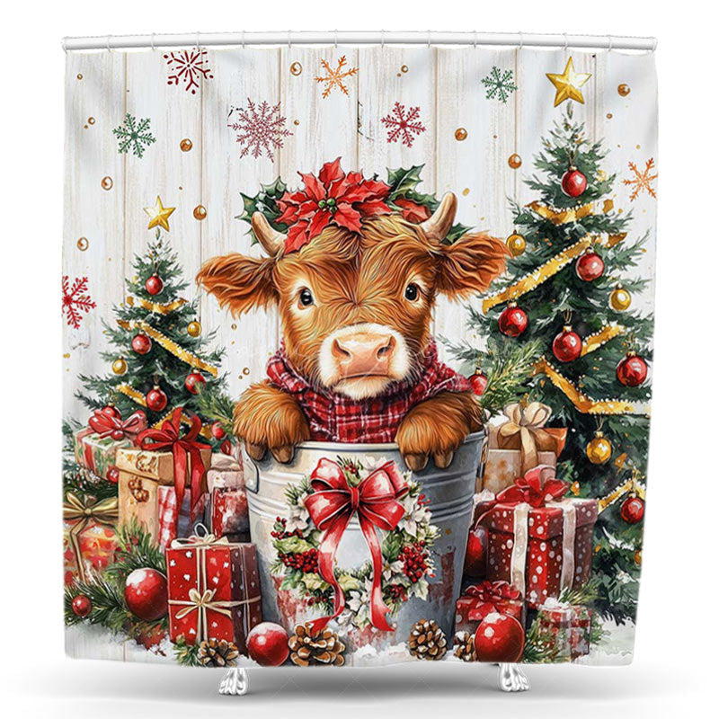 Lofaris Wooden Wall Cow Xmas Trees Christmas Shower Curtain