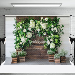 Lofaris Wooden Wall White Floral Greenery Spring Backdrop