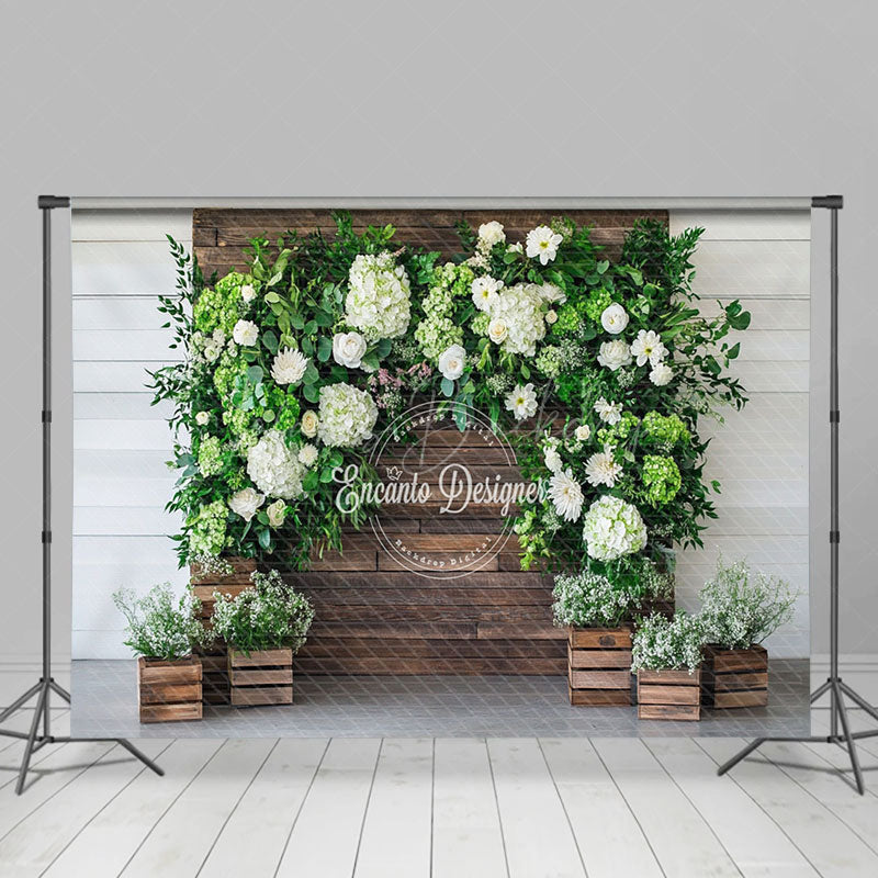 Lofaris Wooden Wall White Floral Greenery Spring Backdrop