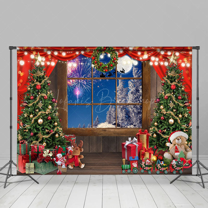 Lofaris Wooden Window Christmas Tree Night Photo Backdrop